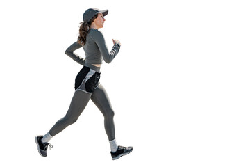 Female runner trainer jogging in sportswear. A person performing a full-length cardio workout. ...