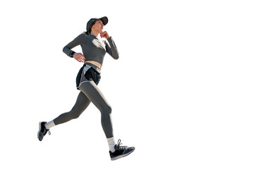Female coach jogging in sportswear. A person performing a full-length cardio workout.  Transparent...