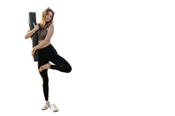 Slender female yoga trainer in full height. A person practicing asana in fitness clothes.  Transparent background, png.
