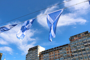 ceremonial ship flags with blue and white