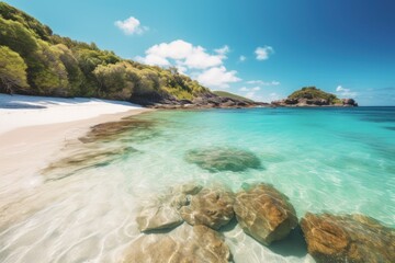 Fototapeta premium A serene sandy beach with crystal clear blue waters and rugged rock formations