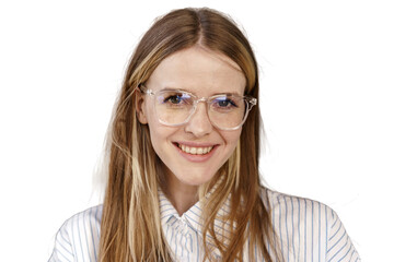Portrait of a close-up woman with glasses programmer, manager, assistant, looking at the camera, employee in the office and at work.    Transparent background, png.