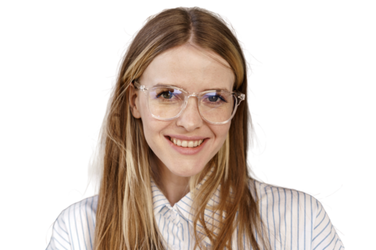 Portrait of a close-up woman with glasses programmer, manager, assistant, looking at the camera, employee in the office and at work.    Transparent background, png.