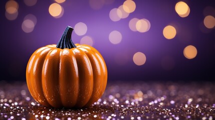 Generative AI, Halloween glitter background with pumpkin. Orange and violet colors, holiday concept with copy space