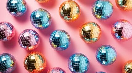 Disco ball pattern, flat lay, party festive background 