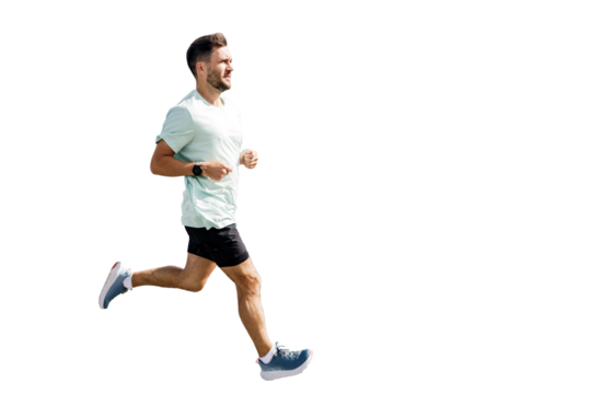 Cardio training in fitness clothes.   An athlete performing a workout in running shoes. A man jogging alone at full height. Uses a smart fitness watch.   Transparent background, png.
