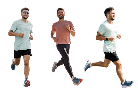 A collage of a man jogging full-length. Cardio training in fitness clothes. An athlete performing a workout in running shoes. Uses a smart fitness watch. Transparent background, png. © muse studio