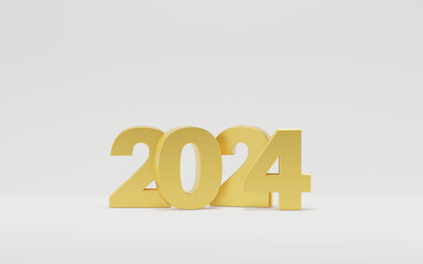 Happy new year inscription 2024 holiday on white background. Gold numeral 2024 decoration. 3d render