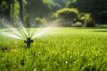 Irrigation sprinkler sprinkling close up, perfect green lawn,
