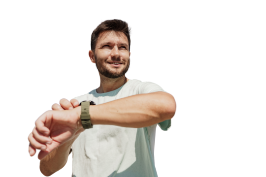 Uses a smart fitness watch. A male athlete doing a workout.  Cardio exercises in fitness clothing.    Transparent background, png.