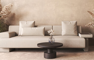 Japandi boho beige interior with lounge sofa and dry plant background. Light modern australian livingroom. 3d rendering mockup. High quality 3d illustration