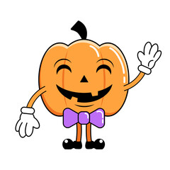 Cute Pumpkin Lantern character, sticker and mascot, vector drawing with waving gesture, Halloween holiday art, print and decoration.