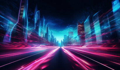 Abstract beautiful night scene with neon pink lights and blurred car lights. Light trails with motion blur effect, long time exposure. Generative AI.