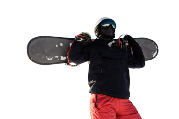 A male snowboarder in equipment and helmet, warm winter sports clothes, holds a snowboard in his hands. Athlete winter sports. Transparent background, png.