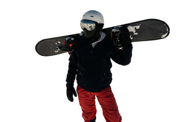 A male snowboarder in equipment and helmet, holding a snowboard in his hands. Athlete winter...