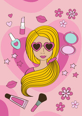 cute pink poster with girl, cosmetic, mirror