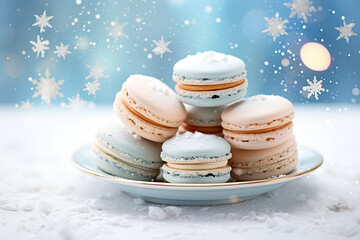 Macaroon sweet desserts in winter style with snowflakes 