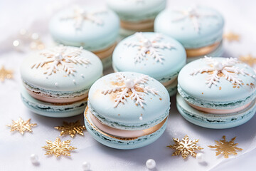 Obraz na płótnie Canvas Macaroon sweet desserts in winter style with snowflakes 