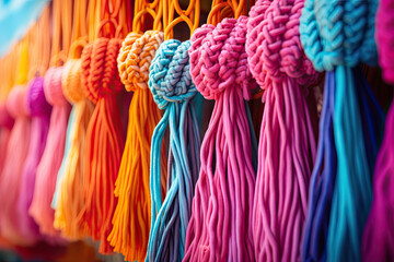 Macrame colourful home decor, boho macrame background 