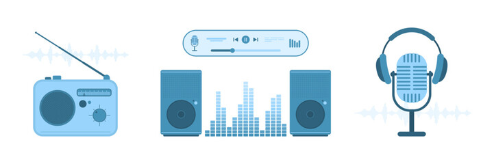 Audio equipment set vector illustration. Cartoon isolated microphone and headphones, speakers stereo system and media player app, radio receiver for recording and listening sound of music and voice