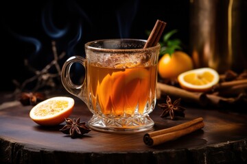 hot apple orange cider in glass cup. Autumn and winter drinks.