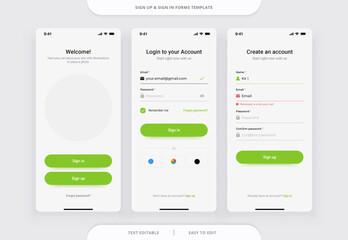 Sign Up and Sign In forms. Registration and login and password forms page for mobile app. Vector template for your design.