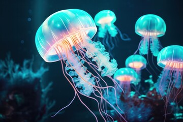 neon turquoise jellyfish in the water
