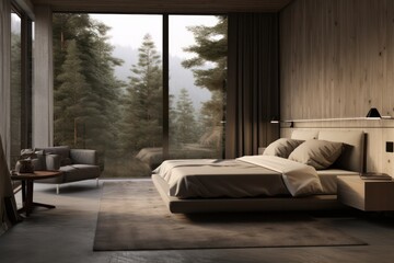 luxury minimal interior of a hotel room with forest mountains view