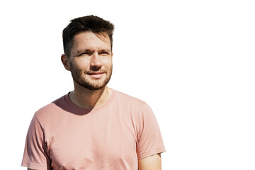 Portrait of a young man in a T-shirt. Transparent background, PNG.