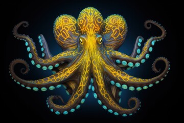 Obraz premium neon octopus on deep blue background tattoo style drawing