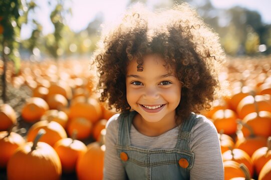 portrait of a diverse mixed race girl with brown curly hair smiling at pumpkin patch on sunny day. Autumn Halloween and thanksgiving kids photoshoot.