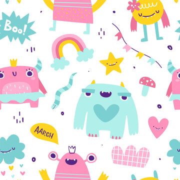 Cute girly pattern with funny monsters. Seamless vector print with abstract monster girls for baby textile.