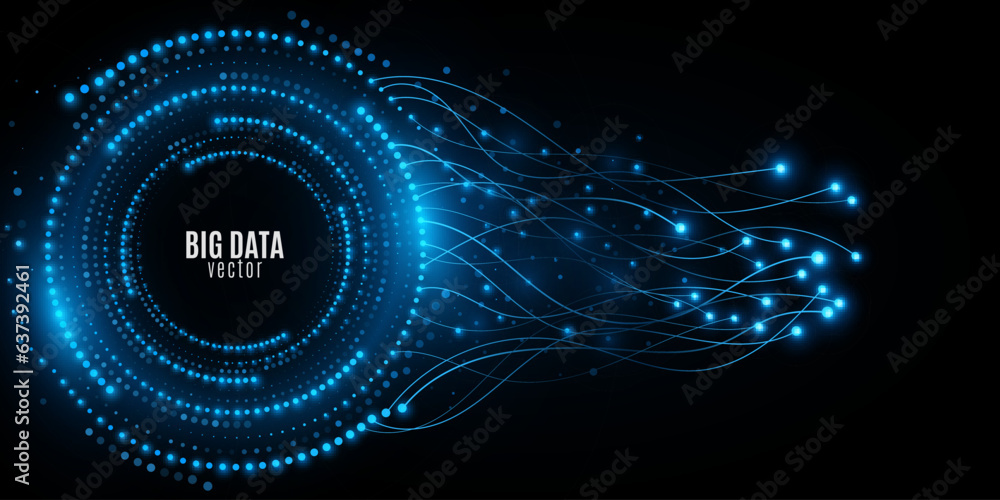 Poster Digital circles of glowing blue dots with neural connectors. Big Data visualization into cyberspace. Connection in the network of files. Futuristic background. Vector.