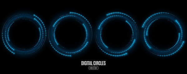 Set of digital circles with glowing dots. Big Data visualization into cyberspace. Swirl energy rings. Modern futuristic frames. Vector illustration.