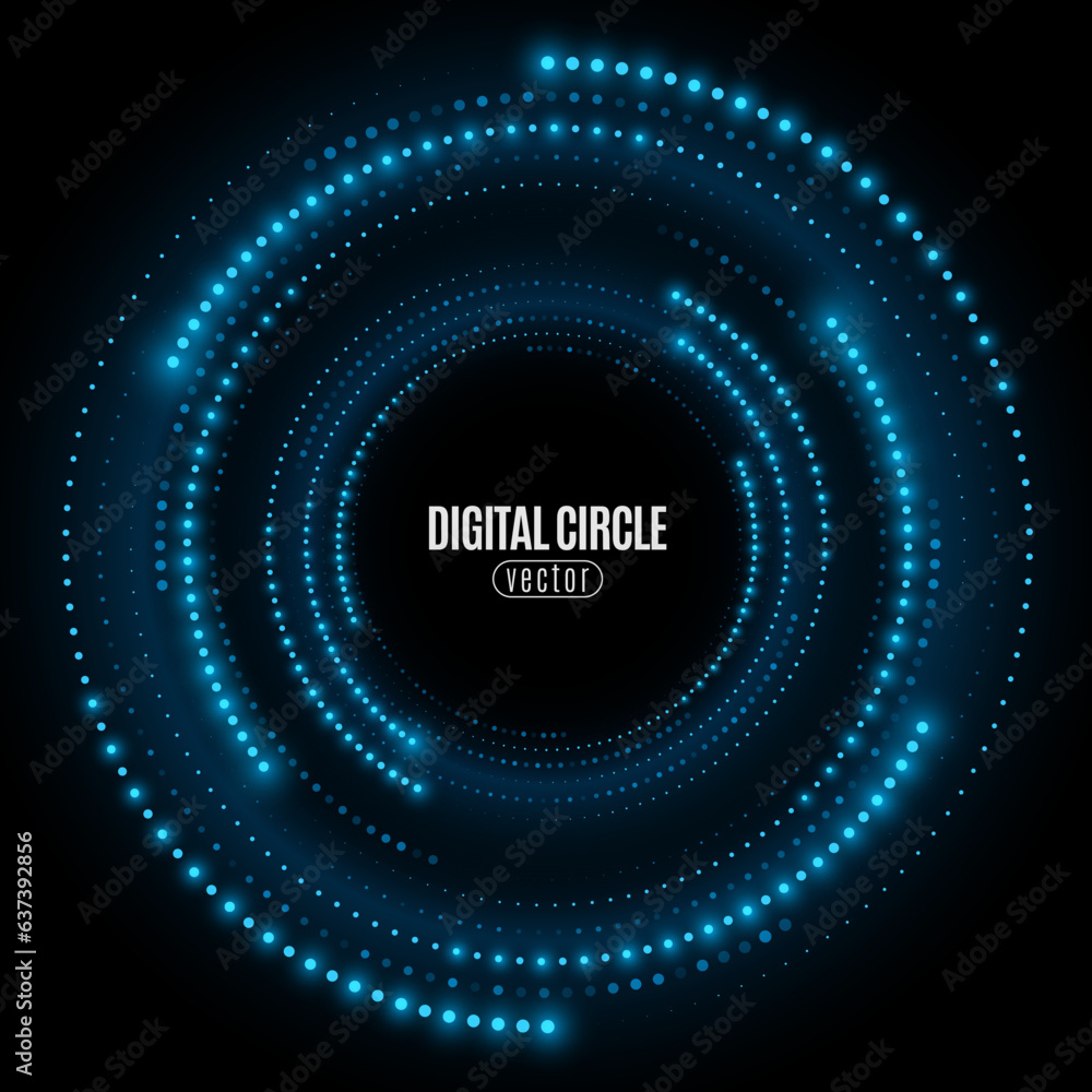 Poster digital circles of glowing dots. big data visualization into cyberspace with swirl energy. network i