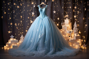 A mannequin dressed in a blue princess  fairy beautiful gown with fairy lights. 