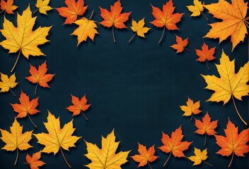Beautiful autumn banner. Maple leaves foliage on dark blue background with ample copy space
