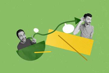 Billboard collage of two friends guys saying chatterbox communication partners talking each other...