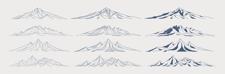 Set of hand drawn vector silhouettes of mountains. Rocky range landscape shape. Hiking mountains peaks, hills and cliffs. Isolated contour vector set. Vintage. Monochrome