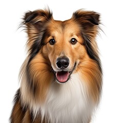 A Rough Collie dog's face in close-up against a clean white background created with Generative AI technology