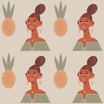 African repeat ornament with abstract woman and pineapple. Vector seamless pattern with people and exitic tropical fruits.