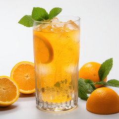 Orange juice with tonic on the former background, decorated with a mint leaf