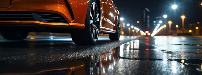 Rear view of Business car on high speed in turn. Car rushing along a high-speed highway. Generative AI.