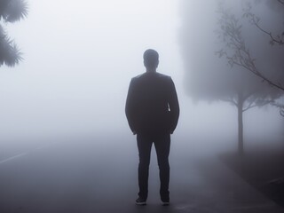 Mysterious man waiting in the fog