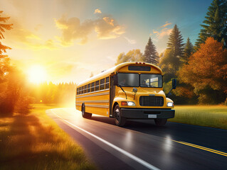 Obraz premium Sunrise ignites the sky as a school bus departs, its yellow frame glowing with hope, carrying dreams into the dawn of a new day
