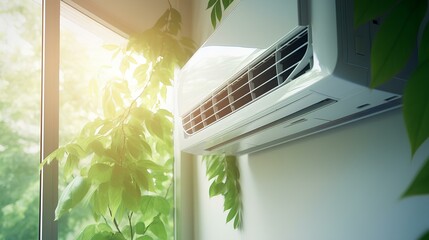 hanging air conditioner on the wall with green leaves, the concept of natural freshness and coolness.
