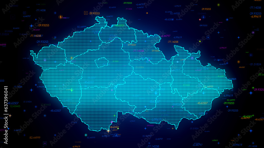 Poster futuristic blue colorful shiny digital technology hud dots mosaic grid czech republic map separate r