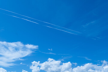 夏の青空夏の青空に浮かぶ入道雲と2本のひこうき雲
