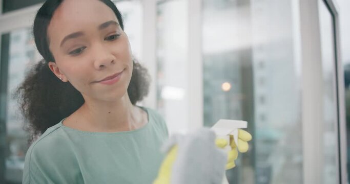 Housekeeping, Products And Woman Cleaning The Window With Detergent, Cloth And Gloves For Dirt. Female Maid, Cleaner Or Housewife Wipe The Glass Door For Germs, Dust Or Bacteria In An Apartment.