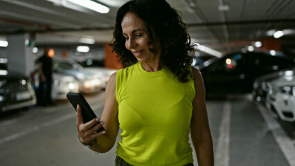 Middle age hispanic woman using smartphone smiling parking